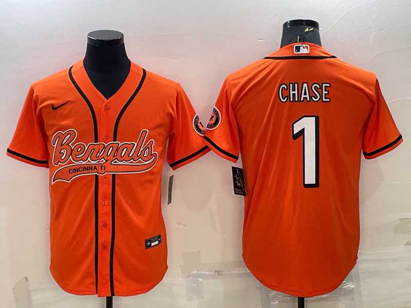 Mens Cincinnati Bengals #1 JaMarr Chase Orange With Patch Cool Base Stitched Baseball Jersey